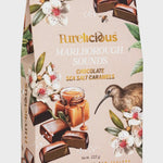Packaging of Purelicious Marlborough Sounds Chocolate Sea Salt Caramels with floral and bird design.