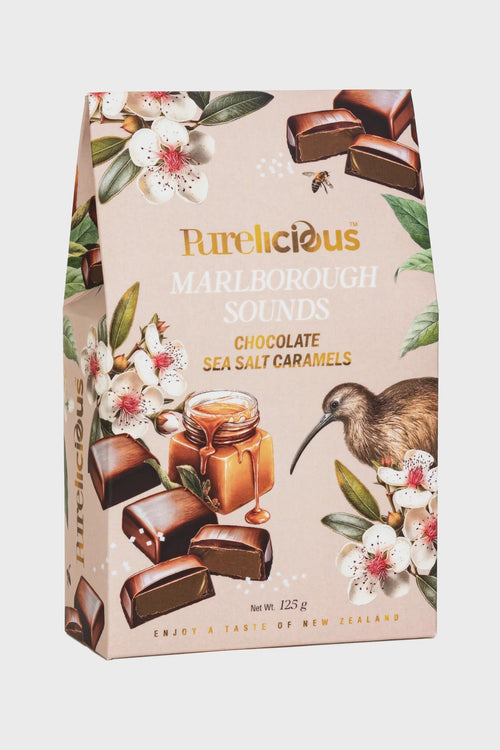Packaging of Purelicious Marlborough Sounds Chocolate Sea Salt Caramels with floral and bird design.