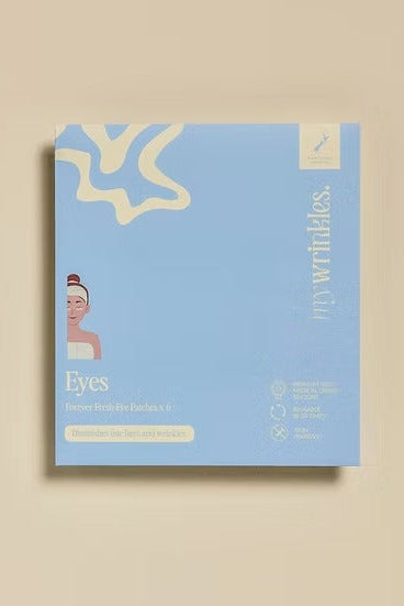 A square light blue product box for 'mywrinkles Eyes' skincare, featuring a minimalist illustration of a woman's face and abstract cream-colored lines, set against a solid beige background.