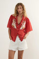 Zoe Red Embroidery Scallop Hem SS Blouse