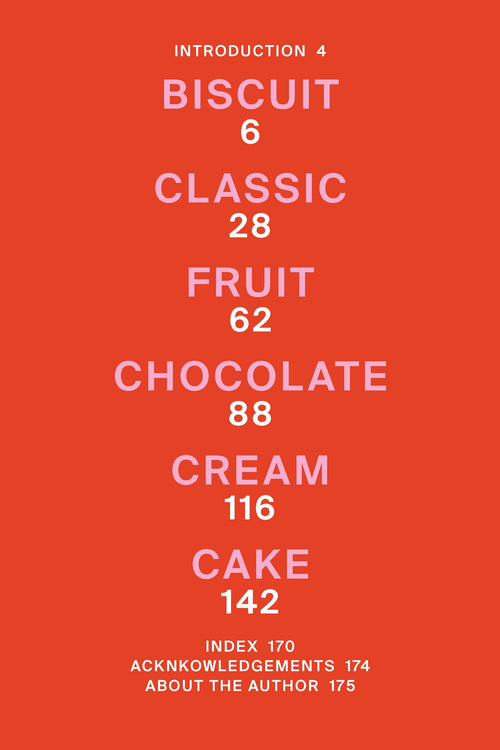 Baked good with caramel stripes on a white surface, accompanied by a table of contents on an orange background.