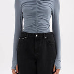 Marti Nickel Blue Ruched Front Ruched Front LS Mesh Top