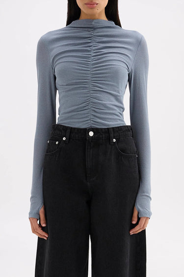 Marti Nickel Blue Ruched Front Ruched Front LS Mesh Top
