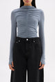 Marti Nickel Blue Ruched Front Ruched Front LS Mesh Top