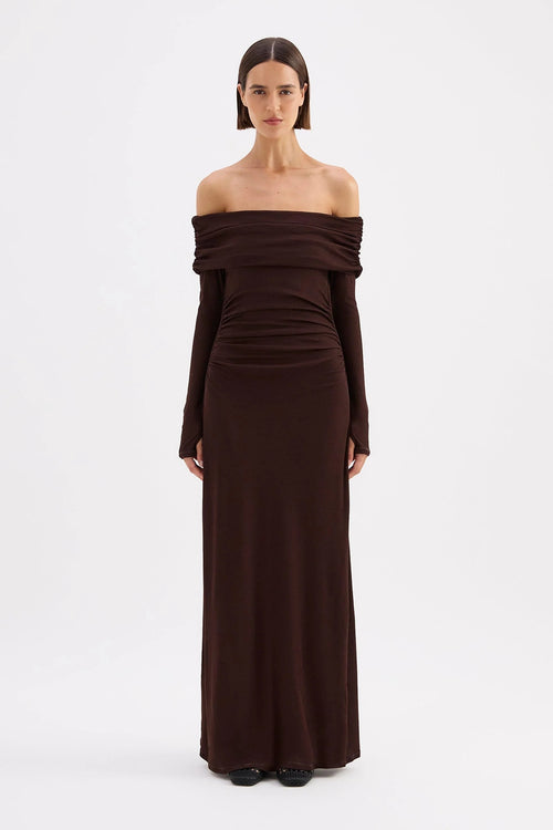 Shop Rue Raisin Mesh Off Shoulder LS Maxi Dress | Flo & Frankie Shop Rue Raisin Mesh Off Shoulder LS Maxi Dress | Flo & Frankie