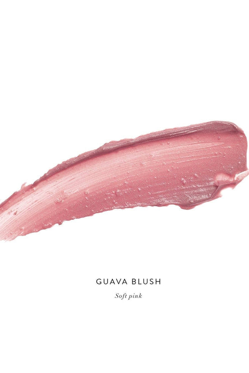 Pink lip swatch labeled 'Guava Blush' on a white background