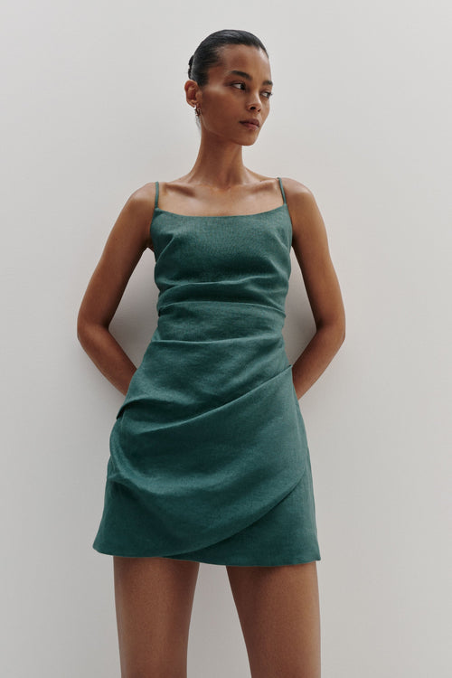 Shop Rani Emerald Strappy Linen Mini Dress | Flo & Frankie Shop Rani Emerald Strappy Linen Mini Dress | Flo & Frankie
