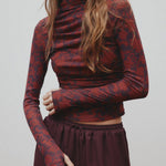 Clementine Berry Print Ruched Front LS Mesh Top