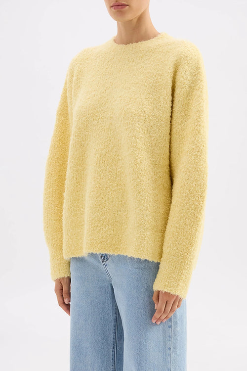 Person wearing a yellow sweater and light blue jeans on a white background