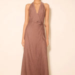 Rae Mocha Sleeveless Satin Crinkle Wrap Maxi Dress