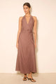 Rae Mocha Sleeveless Satin Crinkle Wrap Maxi Dress