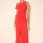 woman wearing red maxi dress off shoulder