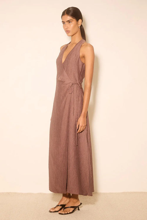 Rae Mocha Sleeveless Satin Crinkle Wrap Maxi Dress