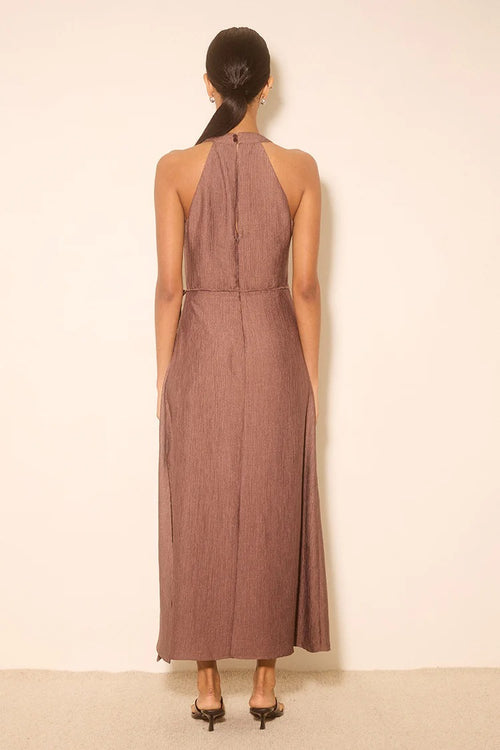Rae Mocha Sleeveless Satin Crinkle Wrap Maxi Dress