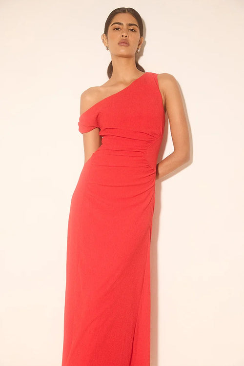 woman wearing red maxi dress off shoulder