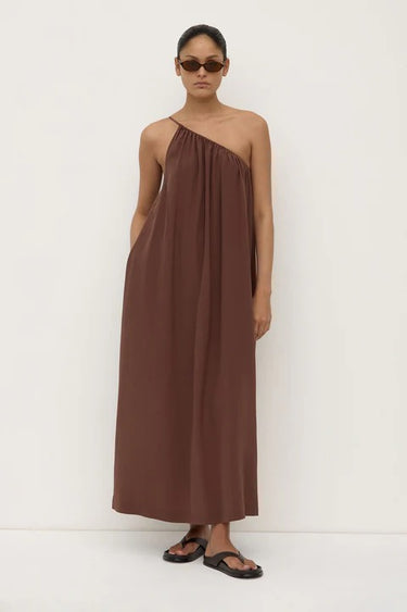 Mila Espresso Asymmetrical One Shoulder Maxi Dress