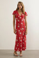 Marena Red Floral Midi Lace V Neck Flutter Sleeve Midi Dress