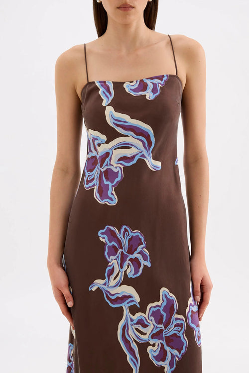 Brown floral maxi slip dress with thin straps, featuring a blue and cream abstract floral print and a straight neckline.