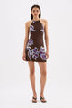 Azalea Brown Floral Cupro Waist Tie Sleeveless Mini Dress
