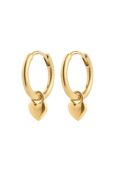 Gold hoop earrings with heart charms on a white background