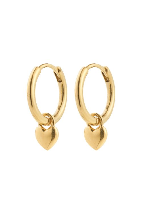 Gold hoop earrings with heart charms on a white background