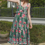 Top Tier Pink Green Stripe Floral Strappy Maxi Dress
