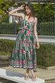 Top Tier Pink Green Stripe Floral Strappy Maxi Dress