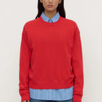 Person wearing a red sweater over a blue shirt and jeans on a white background