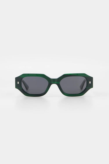 Green sunglasses with dark lenses on a white background