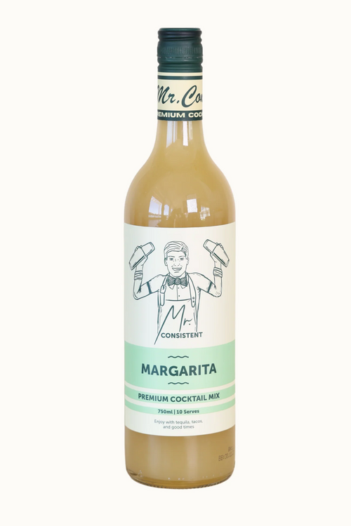 A bottle of Consistent Mr. Co. Margarita Premium Cocktail Mix on a clean white background.