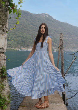 Isabella Blue White Stripe Strappy Tiered Maxi Dress