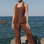 Island Chocolate Linen Pleat Front Wide Leg Pant