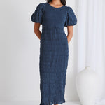 Jade Petrol Shirred Cotton Puff Sleeve Ruched Maxi Dress