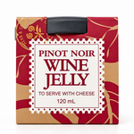 A 120 mL box of Pinot Noir Wine Jelly, featuring a red and gold patterned design with a central white label that reads 'PINOT NOIR WINE JELLY TO SERVE WITH CHEESE 120 mL'.