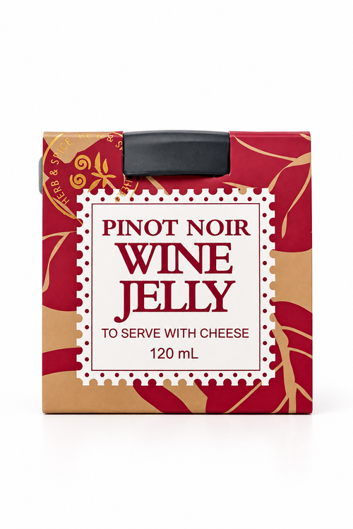 A 120 mL box of Pinot Noir Wine Jelly, featuring a red and gold patterned design with a central white label that reads 'PINOT NOIR WINE JELLY TO SERVE WITH CHEESE 120 mL'.