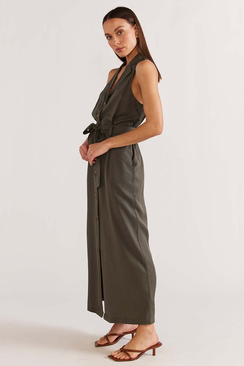 model wears a khaki midi dress