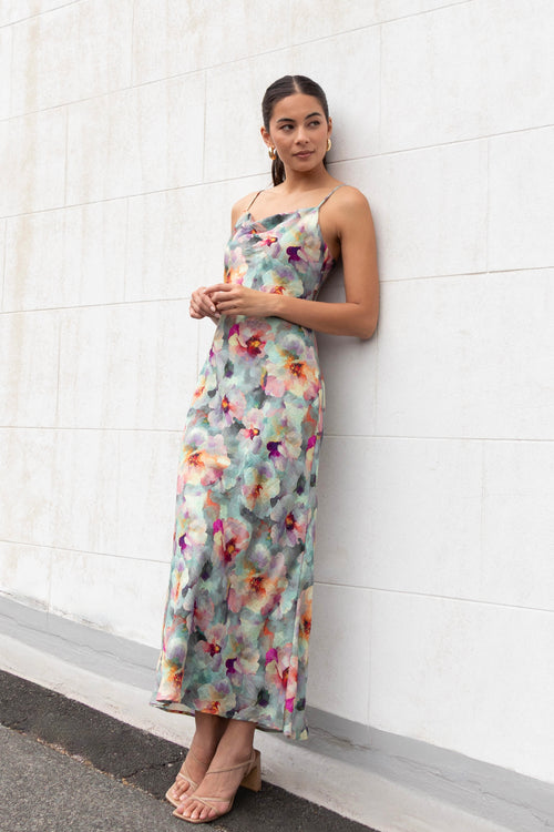 Shop Lavish Blue Multi Floral Tie Back Bias Slip Dress Shop Lavish Blue Multi Floral Tie Back Bias Slip Dress