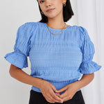 Lovely French Blue Shirred Cotton Stretch Back Ss Top