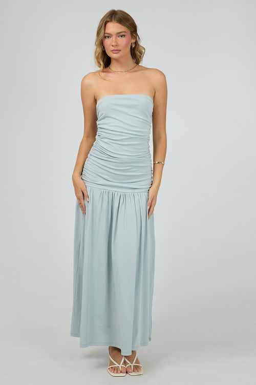Shop Luxe Blue Ruched Bodice Strapless Maxi Dress | Flo & Frankie Shop Luxe Blue Ruched Bodice Strapless Maxi Dress | Flo & Frankie