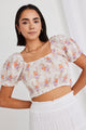 Mist White Bright Floral Puff Sleeve Shirred Top