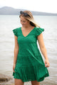 Molly Palm Green Shirred Cotton Sleeveless V-Neck Tiered Mini Dress