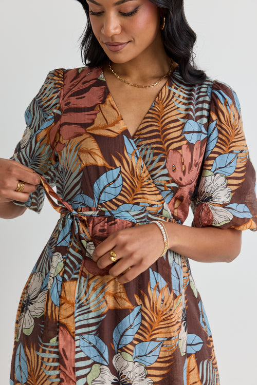 model wears a brown floral midi dress