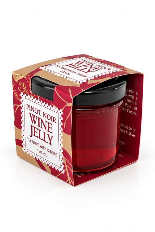 A 120 mL glass jar candle with deep red wax and a black lid, presented in a decorative red and gold gift box labeled 'Pinot Noir Wine Jelly' on a white background.
