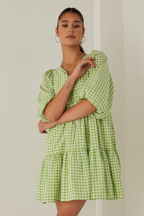 Provocation Green Gingham Babydoll Ss Puff Sleeve Mini Dress WW Dress Among the Brave   