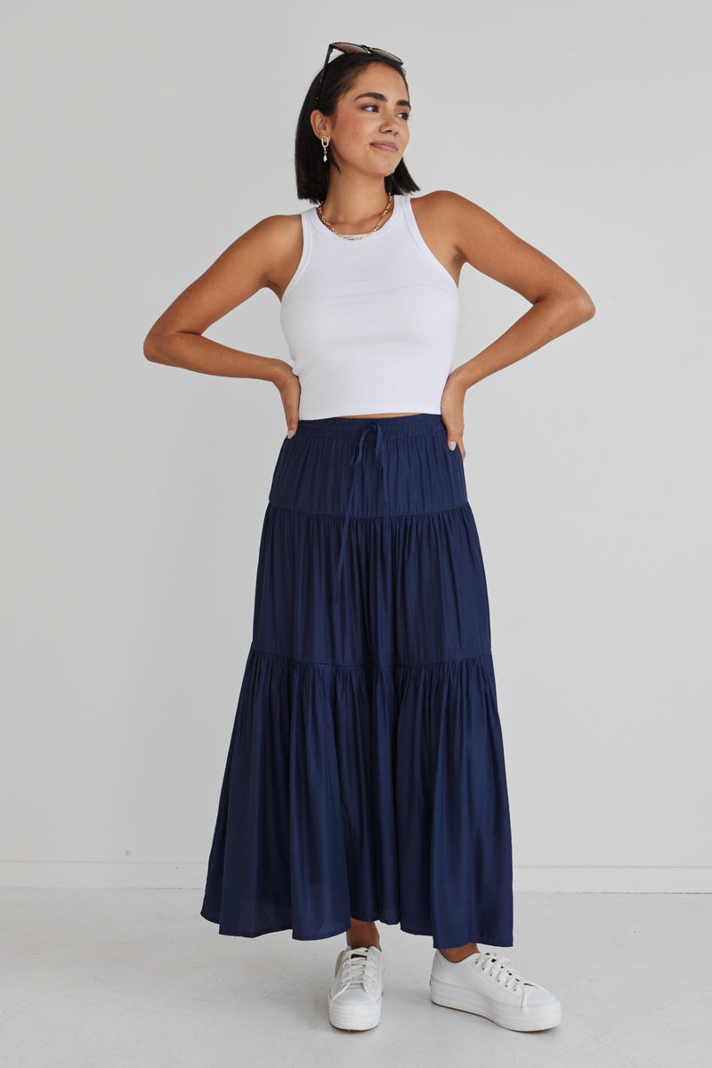 Shop Navy Tiered Satin Maxi Skirt Online | Flo & Frankie