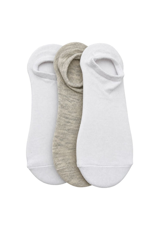 Grey and white three-pack of invisible boat socks in a soft cotton blend, designed with a low-cut profile for discreet wear with sneakers, loafers and flats.