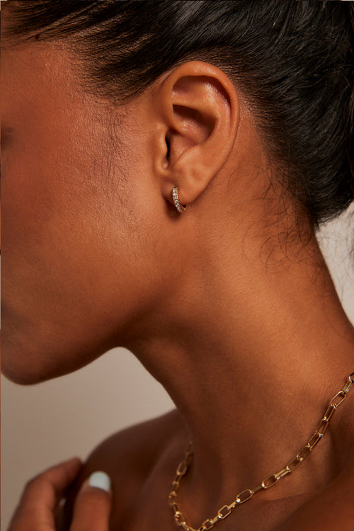 model wears small diamante earring