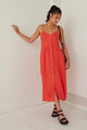 Visionary Sunset Linen Strappy Button Front Midi Dress