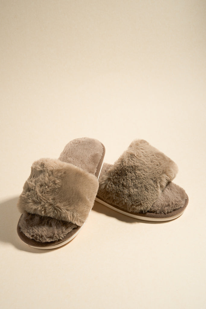 Shop Warm Brown Fluffy Slippers | Flo & Frankie