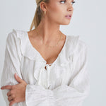 Objective White Self Stripe Ruffle Front Ls Top WW Top Ivy + Jack   